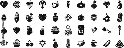 Healthy Fruits and Vegetables Love Icons Glyph Vector Set