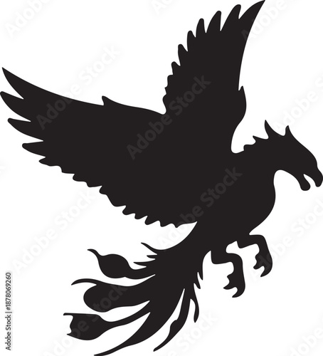 Black silhouette of a mythical griffin isolated on transparent background
