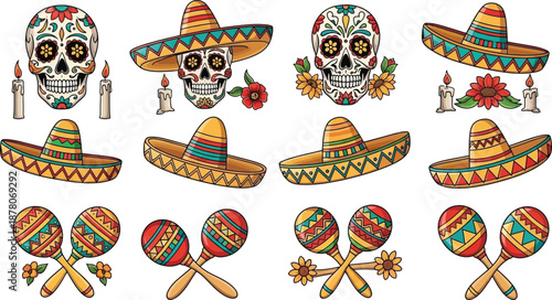 Set of colorful mexican day of dead sugar skulls, sombreros, maracas, and candles with flowers