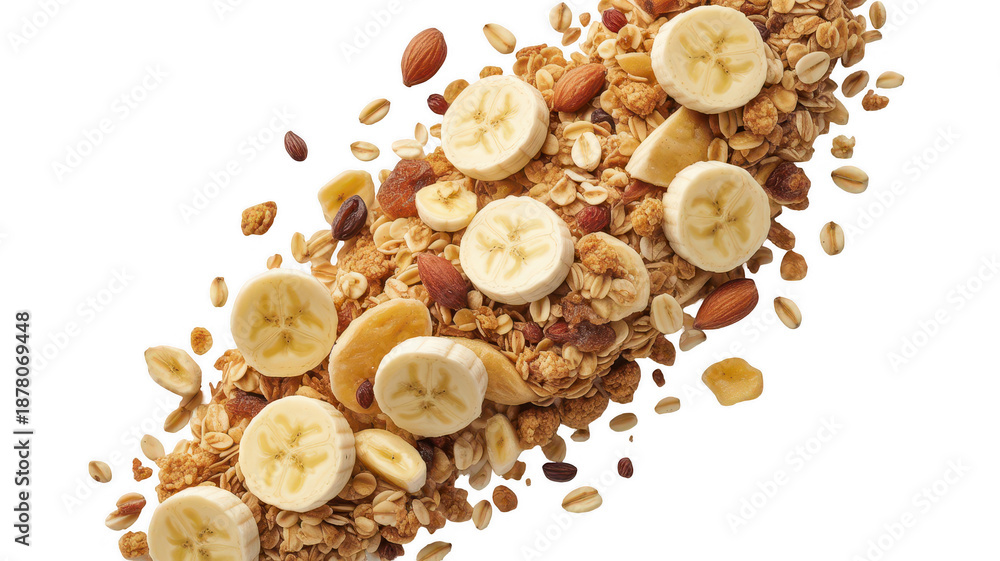 Fototapeta premium Flying Granola With Banana Slices And Nuts For Healthy Breakfast And Snack Concept On Transparent Background