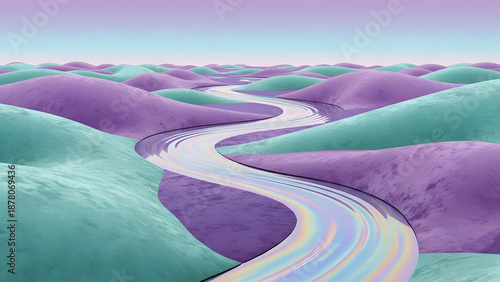A vibrant and abstract landscape featuring a winding road through rolling hills, creating a sense of movement and visual interest. The scene is rendered in soft, pastel colors.