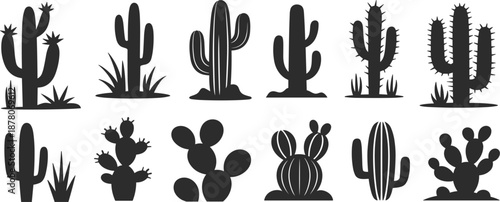 Set of diverse cactus silhouettes in various shapes including desert prickly pear and saguaro vector