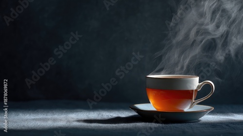 Steam Rising from a Freshly Brewed Cup of Tea on a Dark Background in a Cozy Setting for Relaxation or Enjoyment