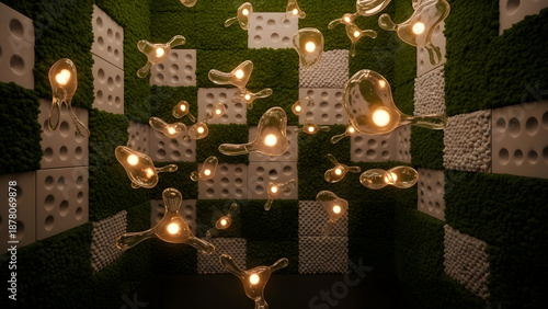 An abstract room with glowing objects