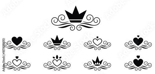 royal crown dividers, decorative flourish ornaments with crown motifs, elegant and vintage design elements for luxury branding, premium graphic layouts, and sophisticated visual compositions.