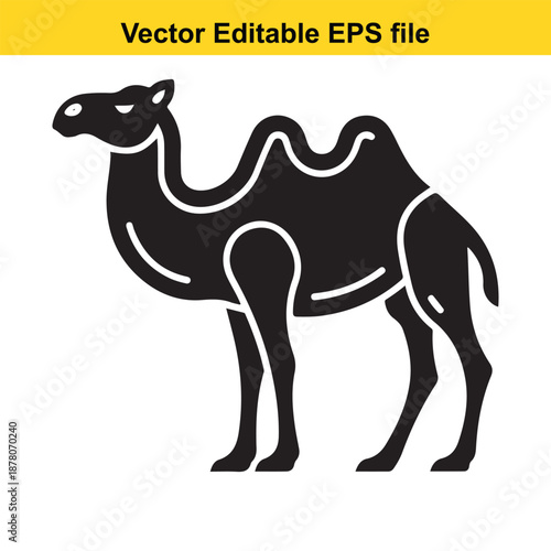 Camel solid black icon, desert animal with humps standing side view silhouette