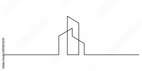 Minimalist, continuous single-line drawing of a modern building or architectural logo concept graphic illustration