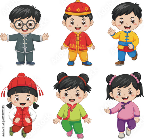 Set of six diverse children in colorful traditional Chinese clothing celebrating lunar new year vector illustration