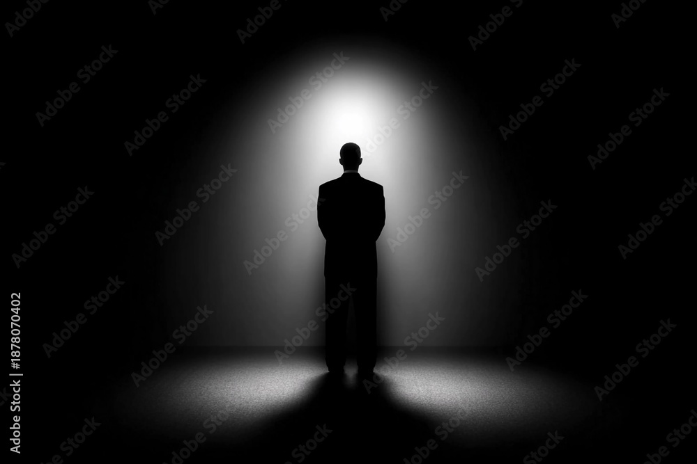Obraz premium Person stands in dark space with light focus behind