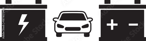 Black and white of a car battery, a car, and a traditional car battery with plus and minus signs also transparent background