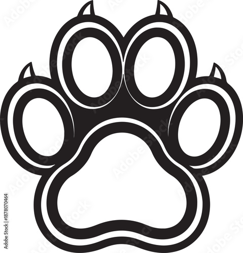Black and white of a paw print with whiskers and three circular patterns also transparent background