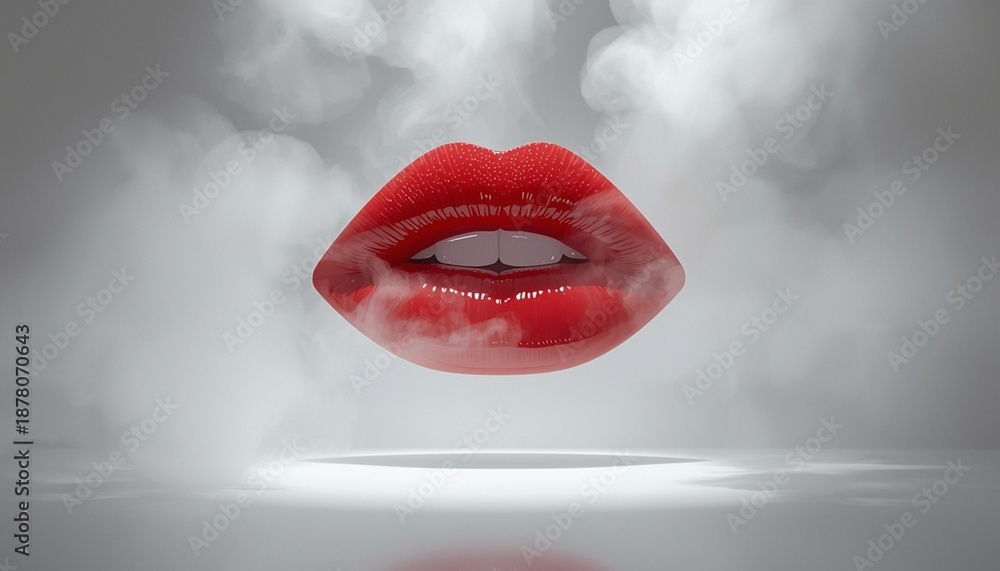 Obraz premium A close-up image of a pair of plump lips with bright red lipstick and slightly parted in front of a smoky, cloudy background.