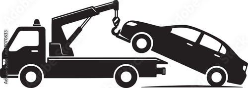 Black Tow Truck Lifting a Car with a Crane also transparent background