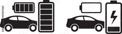 Black and white of electric cars with different battery levels and charging symbols also transparent background