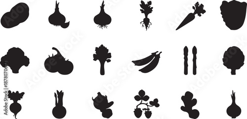 Collection of various vegetable silhouettes isolated on transparent background