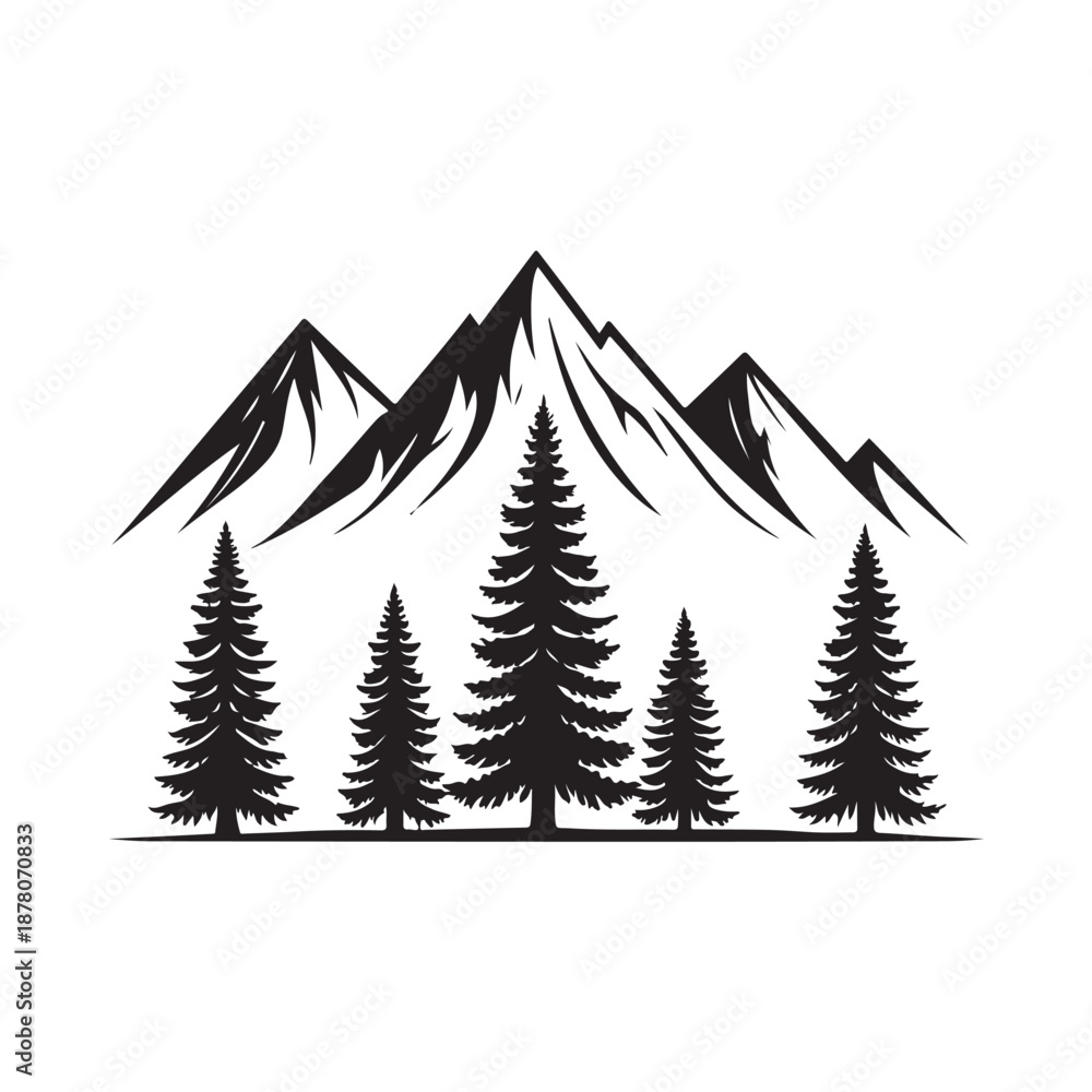 Obraz premium Three mountain range silhouettes with pine trees isolated silhouette Black & White Vector Set (1).eps