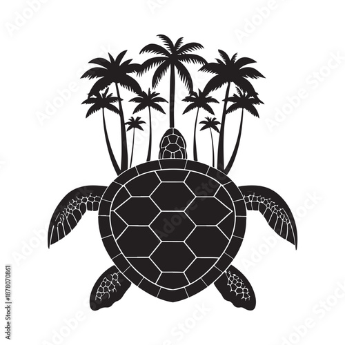 Turtle Silhouette Carrying Island with Palm Trees, Fantasy Vector black color on White Background (1).eps