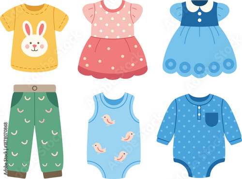 Cute children's clothing set with bunny tshirt polka dot dress and bird pattern bodysuit vector