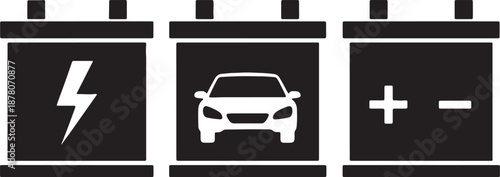 Three black car batteries with symbols for power, car, and positive and negative terminals also transparent background