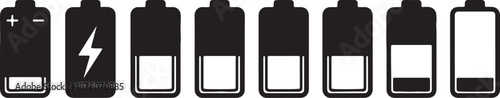 Seven black and white battery showing different charge levels with a lightning bolt on the second one also transparent background