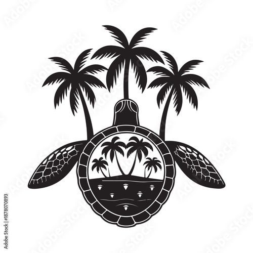 Turtle Silhouette Carrying Island with Palm Trees, Fantasy Vector black color on White Background (2).eps
