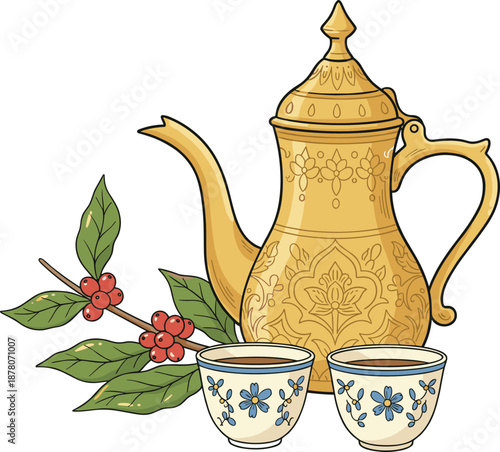 Flat vector illustration of traditional golden Arabic coffee dallah pot with finjan cups and a coffee cherry branch