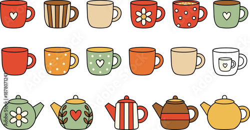 Flat vector illustration set of colorful patterned teapots and ceramic coffee mugs with hearts flowers and polka dot designs
