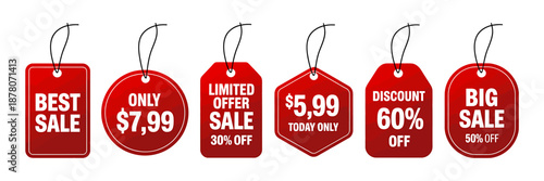 Collection of red sale tags with various discount offers