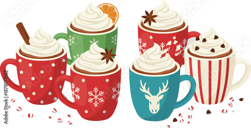 Collection of festive holiday hot cocoa mugs with whipped cream orange slices star anise and Christmas patterns in 3D style