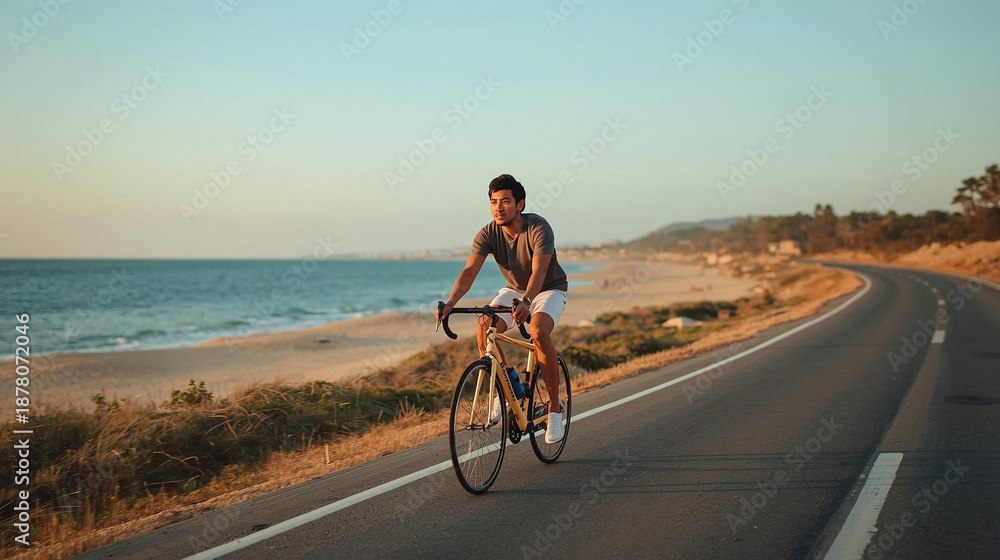 Fototapeta premium A man riding a bicycle on a scenic coastal road with ocean view, enjoying a leisurely bike ride during sunset, perfect for travel and adventure themes.