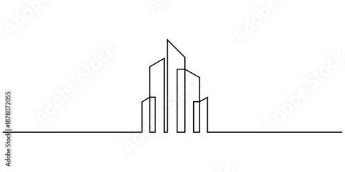 Minimalist continuous line art vector illustration of a modern city skyline or office building group