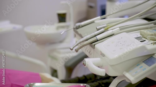 Close up view of sophisticated dental instruments in a sleek clinic.