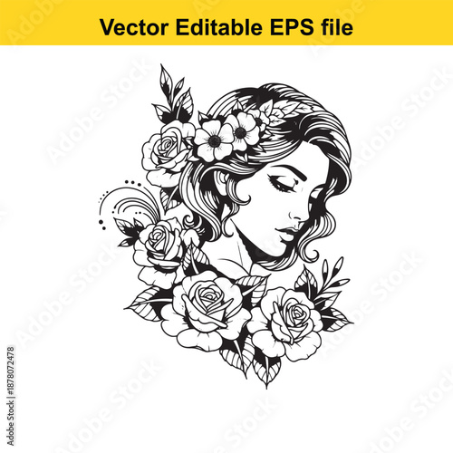 black and white vector illustration of a womans face with floral crown