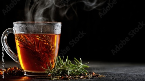 Warm and Inviting Herbal Tea Cup with Steam Rising, Surrounded by Fresh Herbs and Spices, Against Dark Background for Cozy Atmosphere