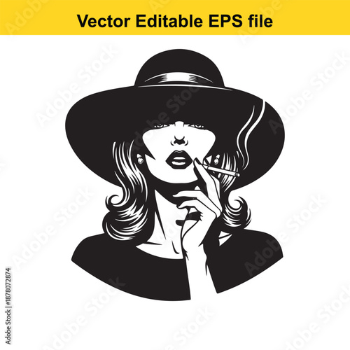 black and white illustration of a woman wearing a hat smoking a cigarette