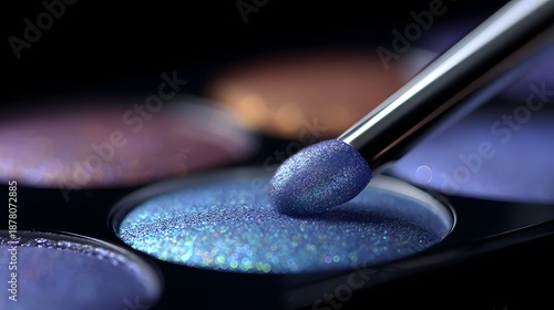 Ethereal hues of beauty: An eye shadow palette offers a range of vibrant colors for beauty and glamour and a professional makeup brush is poised above the dazzling shades.
