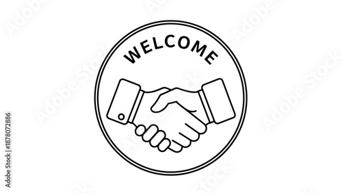 Simple black and white handshake welcome emblem with minimalist design.