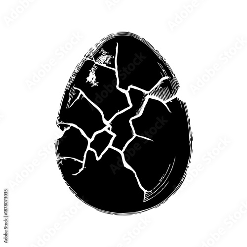 Cracked egg silhouette in grunge sketch style with white lines, isolated on clean white background, symbolizes fragility and transformation