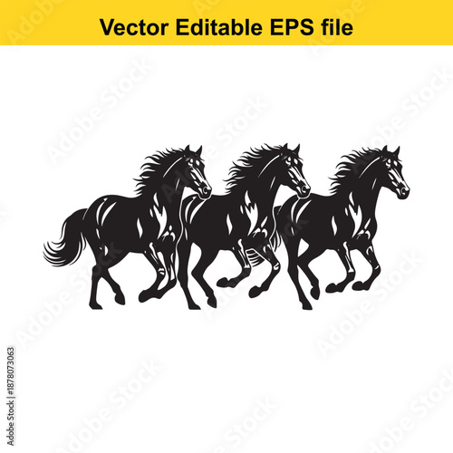 Silhouettes of three wild galloping horses running fast powerful dynamic vector illustration isolated on white