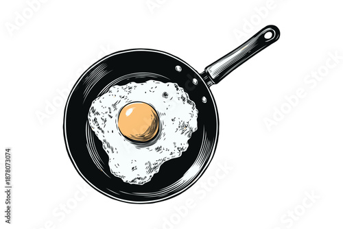 A fried egg cooking in a frying pan, depicted in engraving style on a white background, symbolizing breakfast and culinary themes