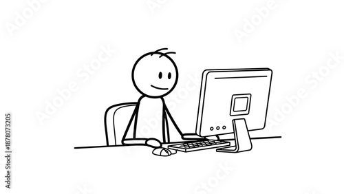 Simple stick figure working on a computer with a happy expression.