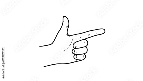 Simple line drawing of a hand pointing to the right with thumb up.
