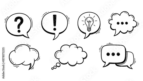 Hand drawn speech bubbles and thought clouds with various symbols.