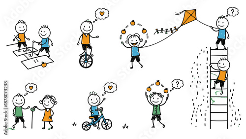 Children Engaging in Various Outdoor Activities with Kites and Bicycles.