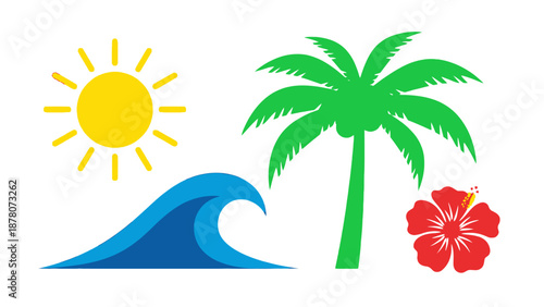 Tropical paradise with sun, wave, palm tree, and hibiscus flower.