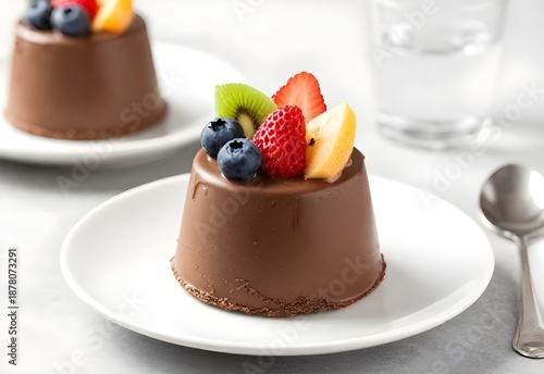 A gourmet slice of delicious chocolate cake topped with fresh berries, sweet strawberries, and cream served on a white plate as a tasty bakery dessert