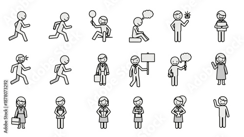 Collection of simple line drawings depicting various human activities and emotions.