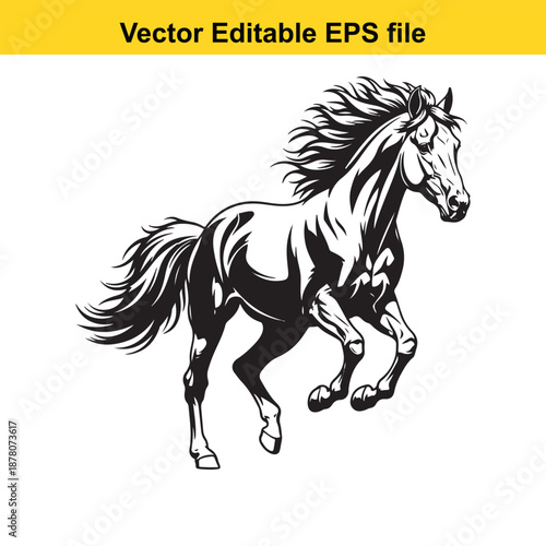 Beautiful detailed monochrome sketch of single powerful galloping horse vector illustration isolated on white