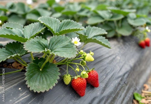 Ripe red strawberries with green leaves lie on the fresh garden grass, creating a sweet and healthy summer fruit dessert straight from nature