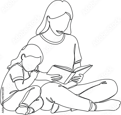Vector illustration of reading moment icon with adult and child, open book, silhouette style, and educational bonding design element